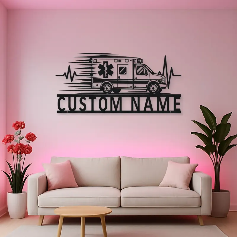 Personalized Side View Ambulance Heartbeat Metal Wall Art