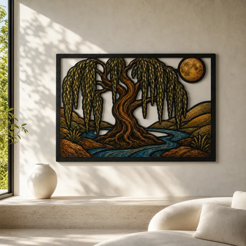 Willow Tree of Life beside Winding River Colorful Metal Wall Art