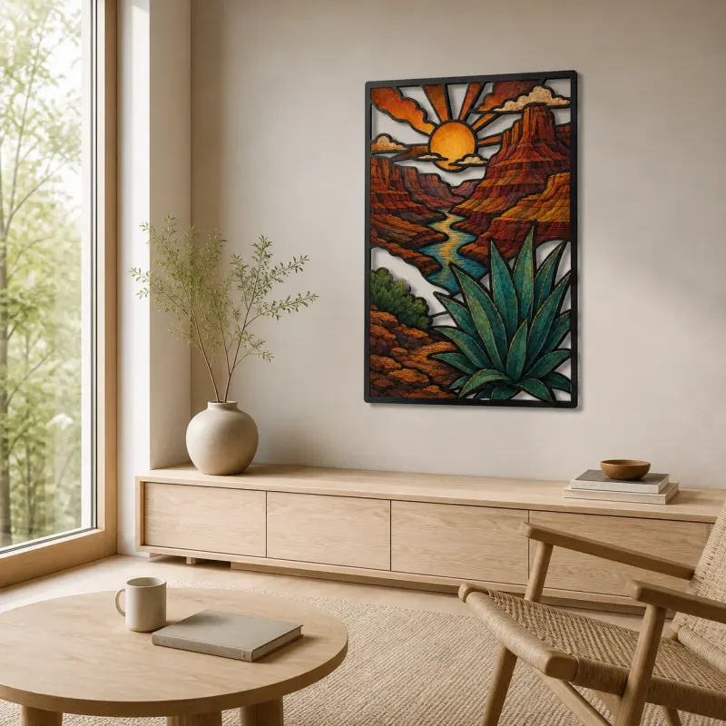 Southwest Canyon River with Agave at Sunrise Colorful Metal Wall Art