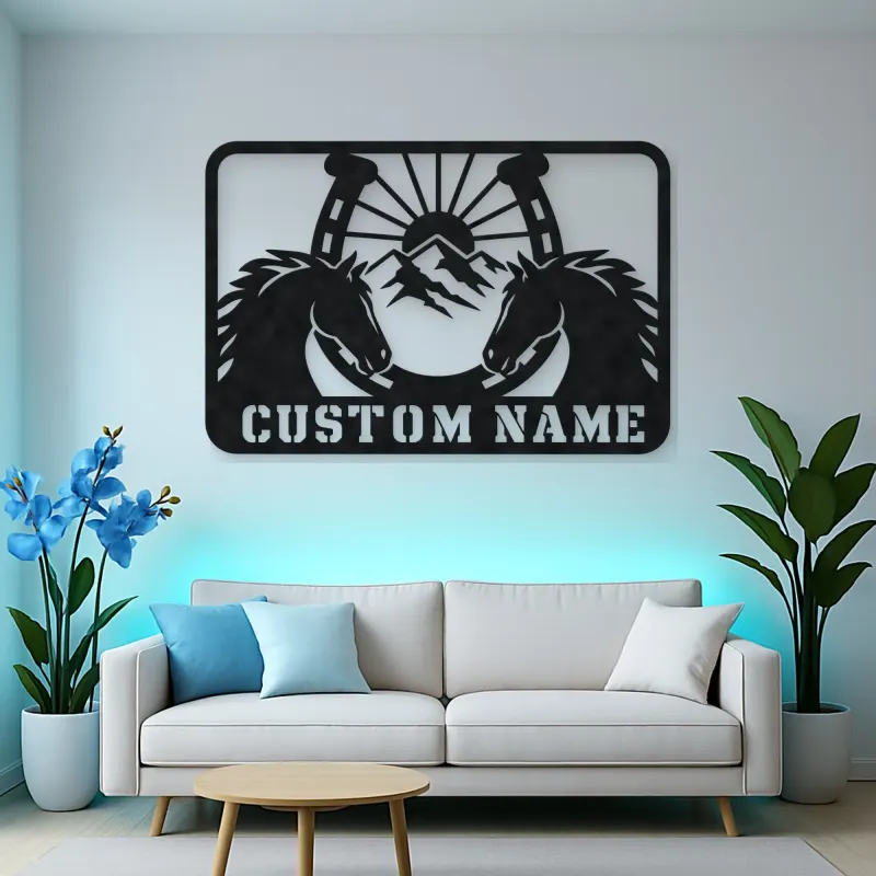 Personalized Horse Pair Metal Wall Art with Horseshoe