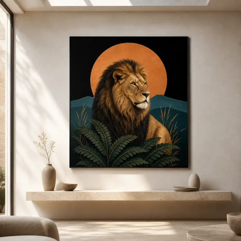 Lion Portrait with Ferns and Copper Sun Colorful Metal Wall Art
