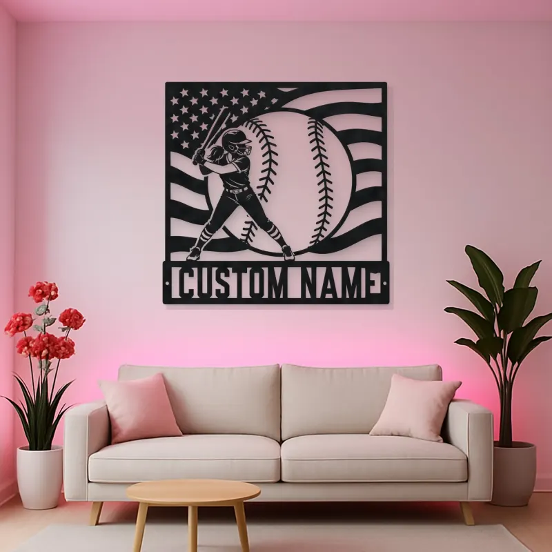 Personalized Softball Player and American Flag Metal Wall Art