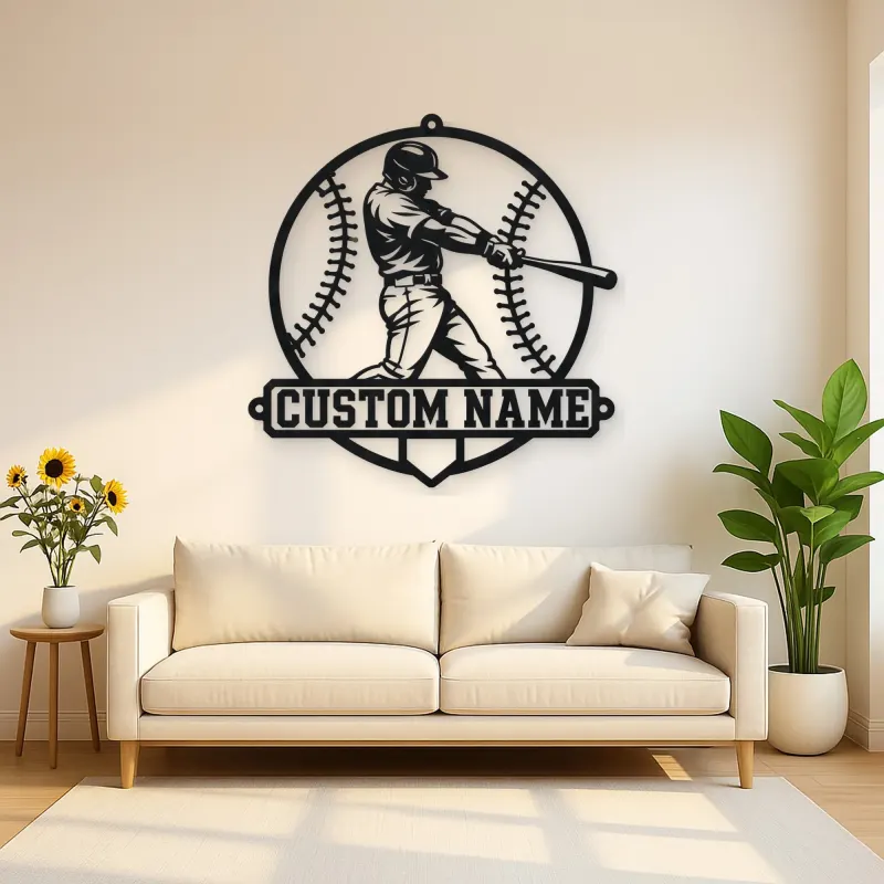 Personalized Baseball Batter Stitched Ball Metal Wall Art