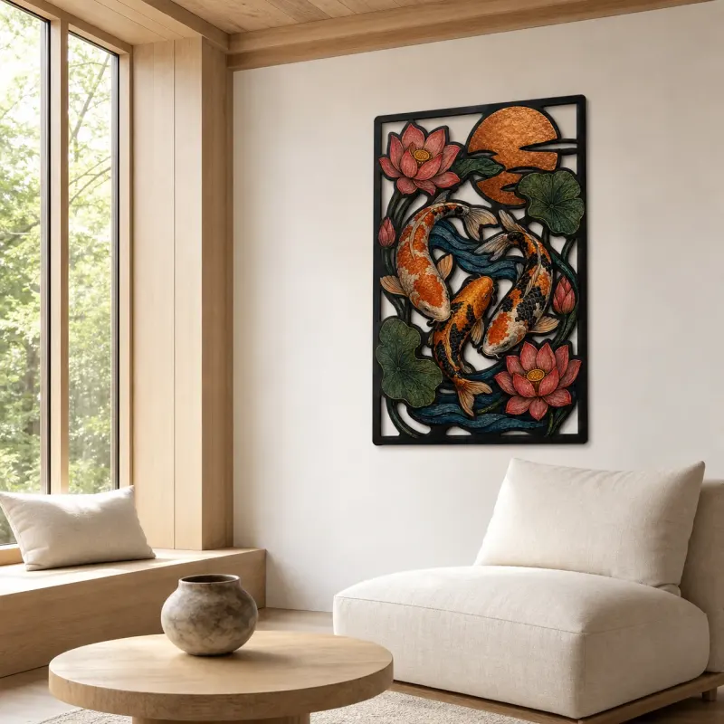Koi Fish with Lotus Flowers and Copper Sun Colorful Metal Wall Art