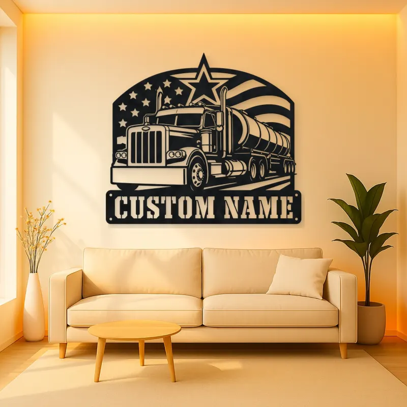 Personalized Tanker Semi Truck American Flag Metal Wall Art