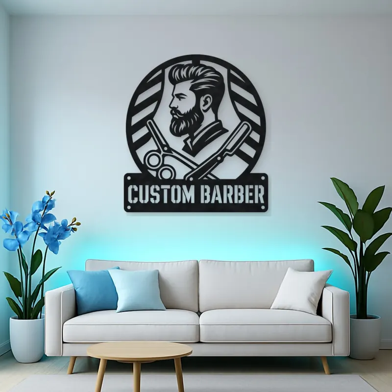 Personalized Barber Metal Wall Art with Scissors and Razor