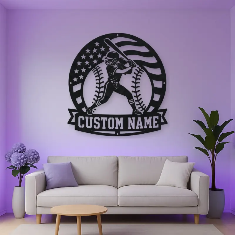 Personalized Female Softball Batter Round Flag Metal Wall Art