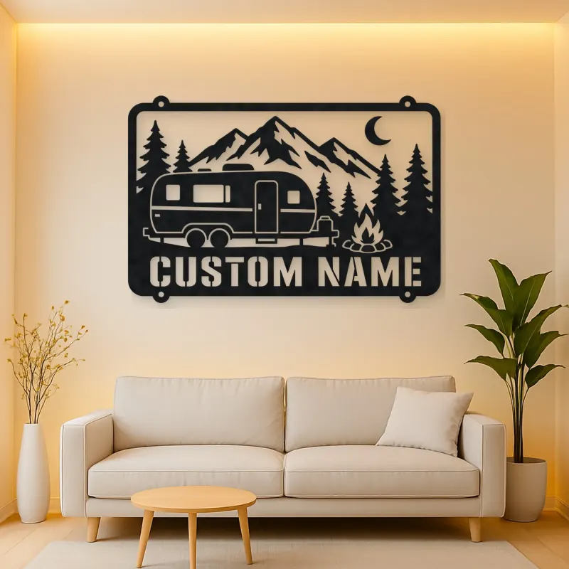 Personalized Camper Trailer Metal Wall Art with Mountain Camp
