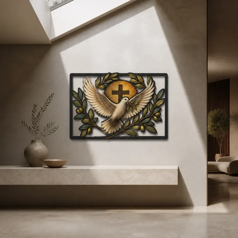 White Dove with Cross and Olive Branches Colorful Metal Wall Art