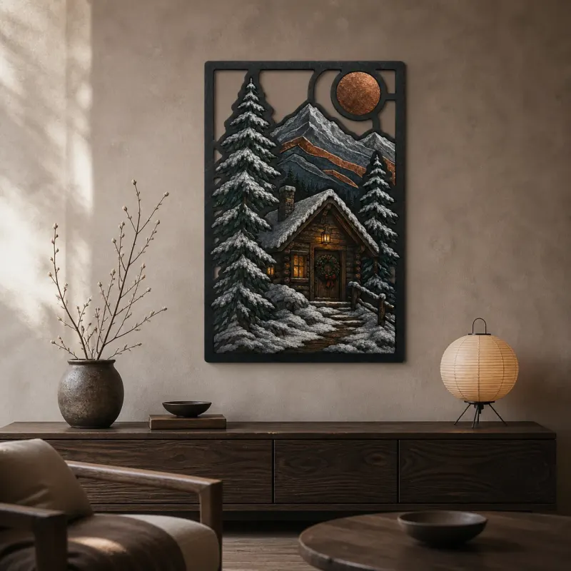 Snowy Winter Cabin in Mountains beneath Full Moon Colorful Metal Wall Art