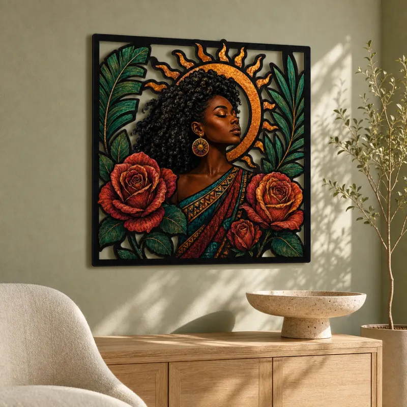 Afro Woman with Roses and Radiant Sun Colorful Metal Wall Art