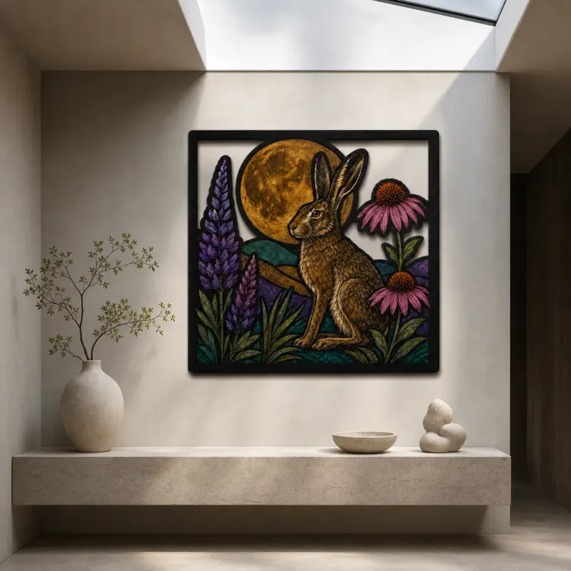 Rabbit with Coneflowers beneath Full Moon Colorful Metal Wall Art