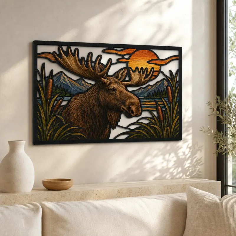 Moose by Mountain Lake at Sunset Colorful Metal Wall Art