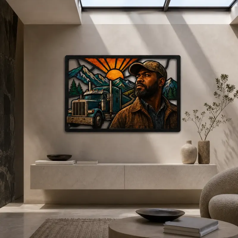 Truck Driver with Mountain Highway Colorful Metal Wall Art