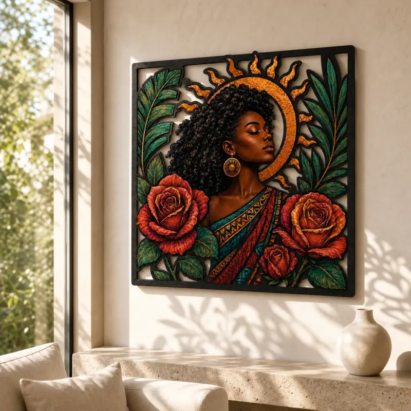 Afro Woman with Roses and Radiant Sun Colorful Metal Wall Art