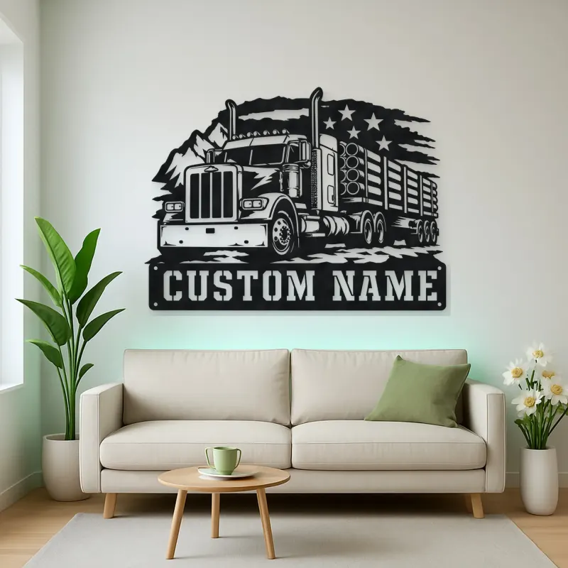 Personalized Logging Semi Truck Patriotic Mountain Metal Wall Art