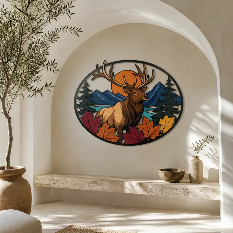 Bull Elk in Autumn Mountains and Pine Forest Colorful Metal Wall Art