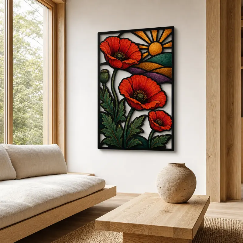 Red Poppies over Rolling Hills at Sunrise Colorful Metal Wall Art