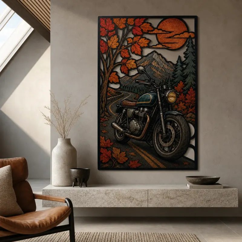 Classic Motorcycle on Autumn Mountain Road Colorful Metal Wall Art