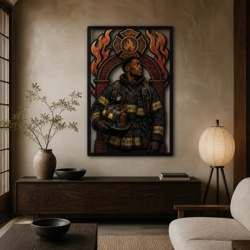 Black Firefighter with Helmet before Flame Emblem Colorful Metal Wall Art