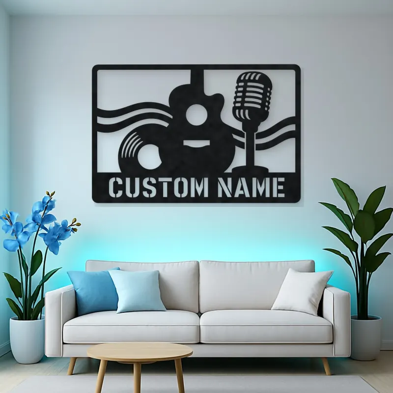 Personalized Vinyl Record Metal Wall Art with Vintage Microphone
