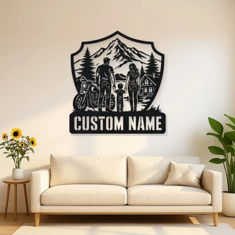 Personalized Family of Three Motorcycle Mountain Cabin Metal Wall Art