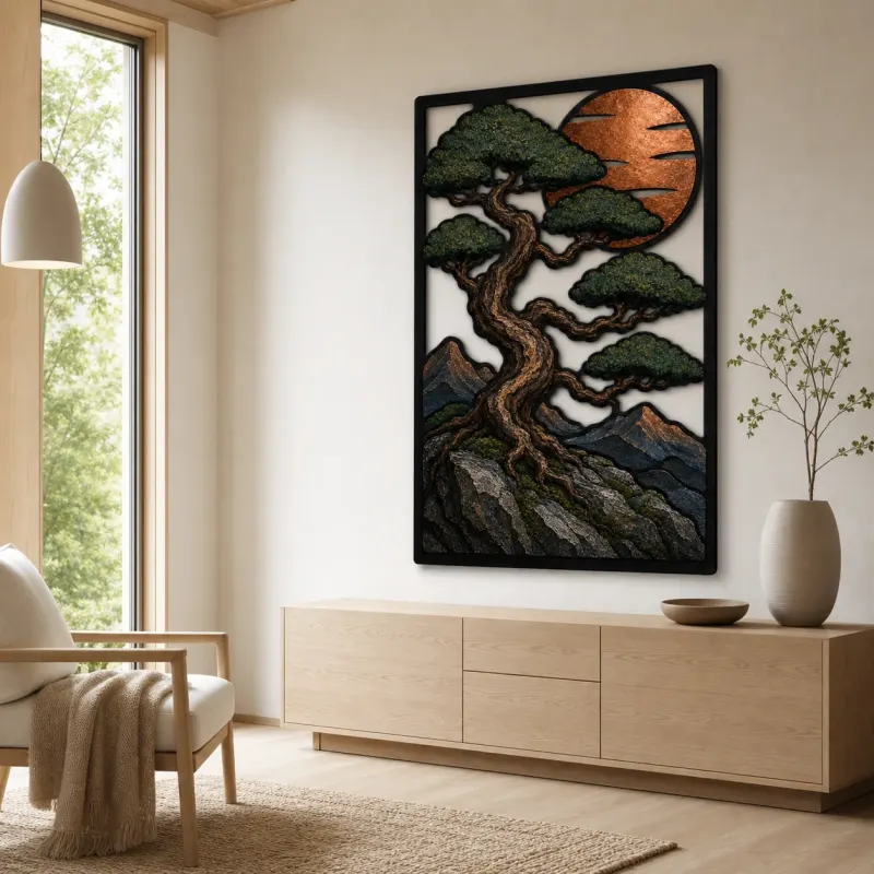 Bonsai Pine on Mountain Cliff at Sunset Colorful Metal Wall Art