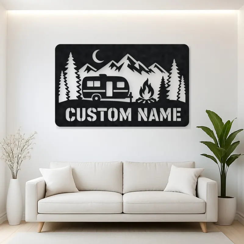 Personalized Travel Trailer Metal Wall Art with Campfire
