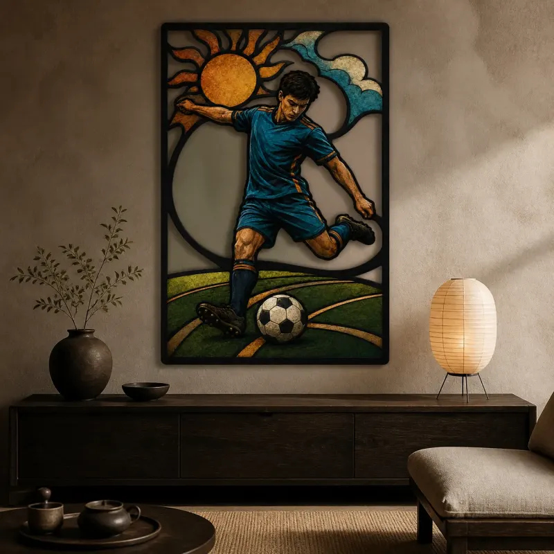 Soccer Player Kicking Ball beneath Radiant Sun Colorful Metal Wall Art