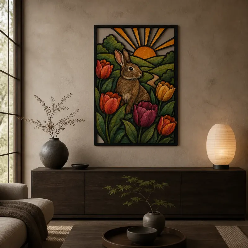 Spring Rabbit among Colorful Tulips at Sunrise Metal Wall Art