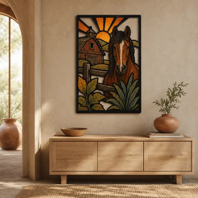 Bay Horse by Rustic Barn at Sunrise Colorful Metal Wall Art
