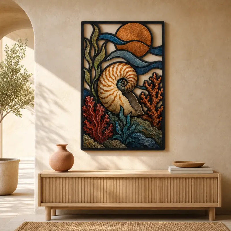 Nautilus Shell with Coral and Copper Moon Colorful Metal Wall Art