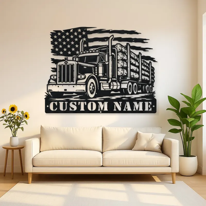 Personalized Logging Semi Truck Metal Wall Art with American Flag