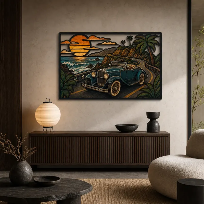Vintage Roadster on Tropical Coastal Road Colorful Metal Wall Art