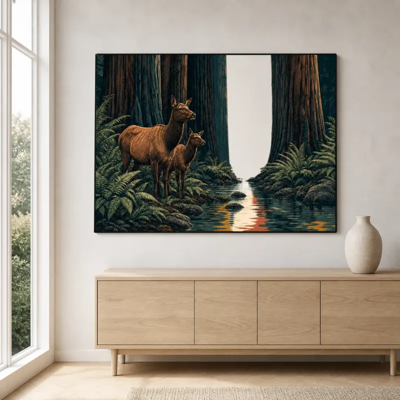 Deer Pair beside Stream in Redwood Forest Colorful Metal Wall Art
