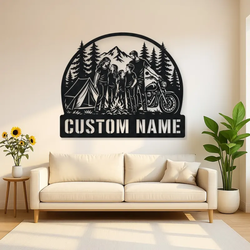 Personalized Family of Five Camping Motorcycle Metal Wall Art