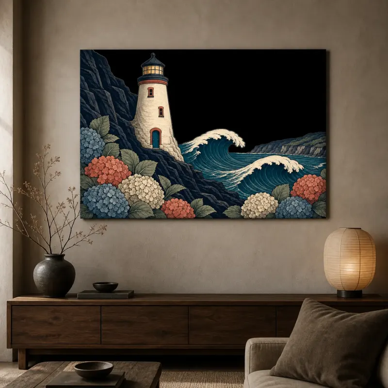 Coastal Lighthouse with Hydrangeas and Ocean Waves Colorful Metal Wall Art