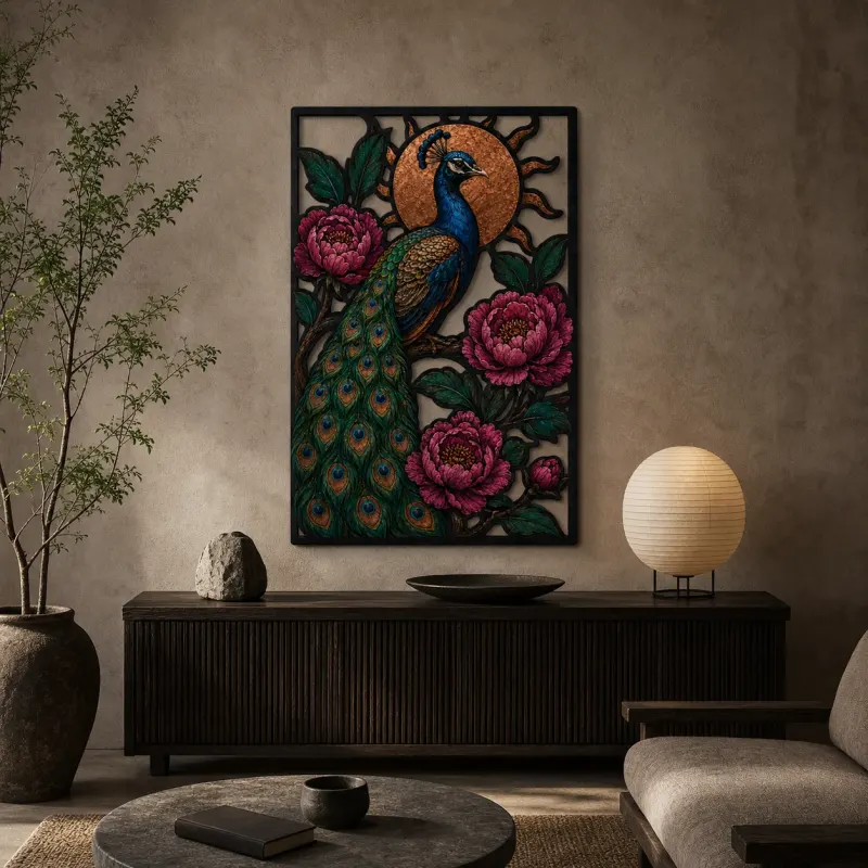 Peacock with Pink Peonies and Copper Sun Colorful Metal Wall Art