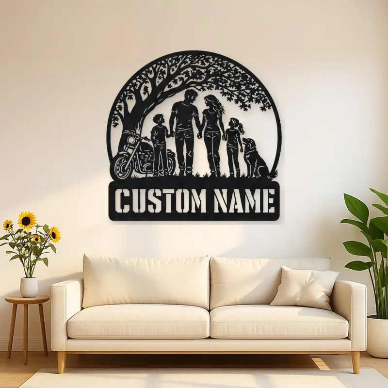 Personalized Family of Four Dog and Motorcycle Metal Wall Art