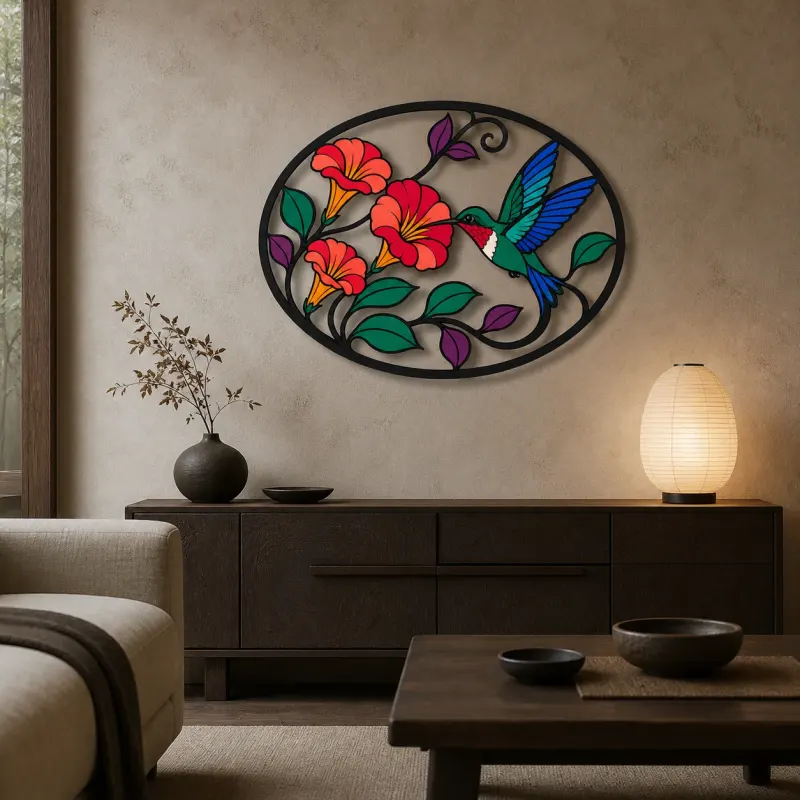 Hummingbird with Trumpet Flowers in Oval Frame Colorful Metal Wall Art