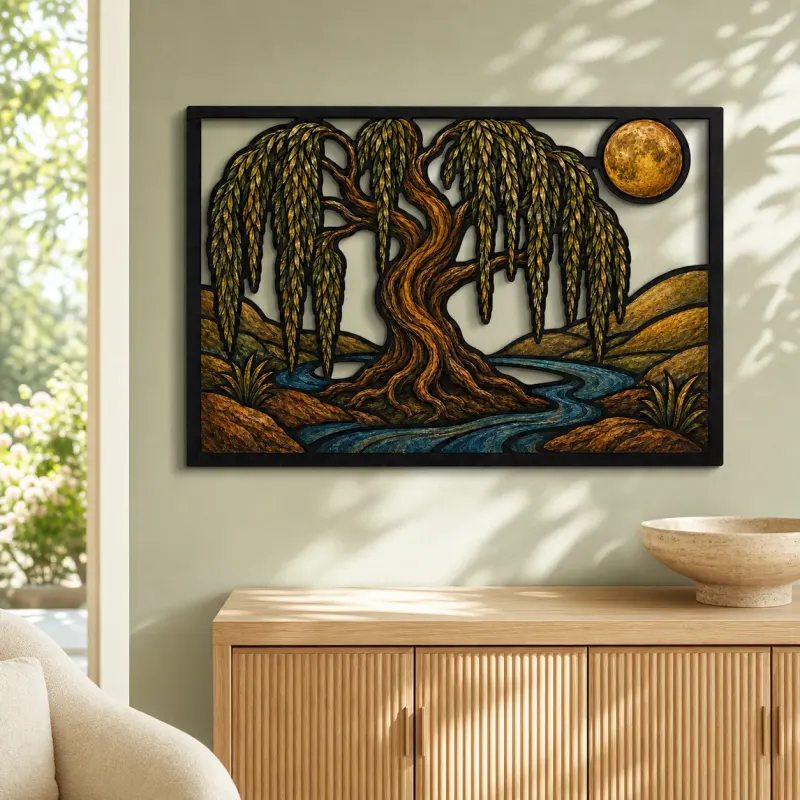 Willow Tree of Life beside Winding River Colorful Metal Wall Art