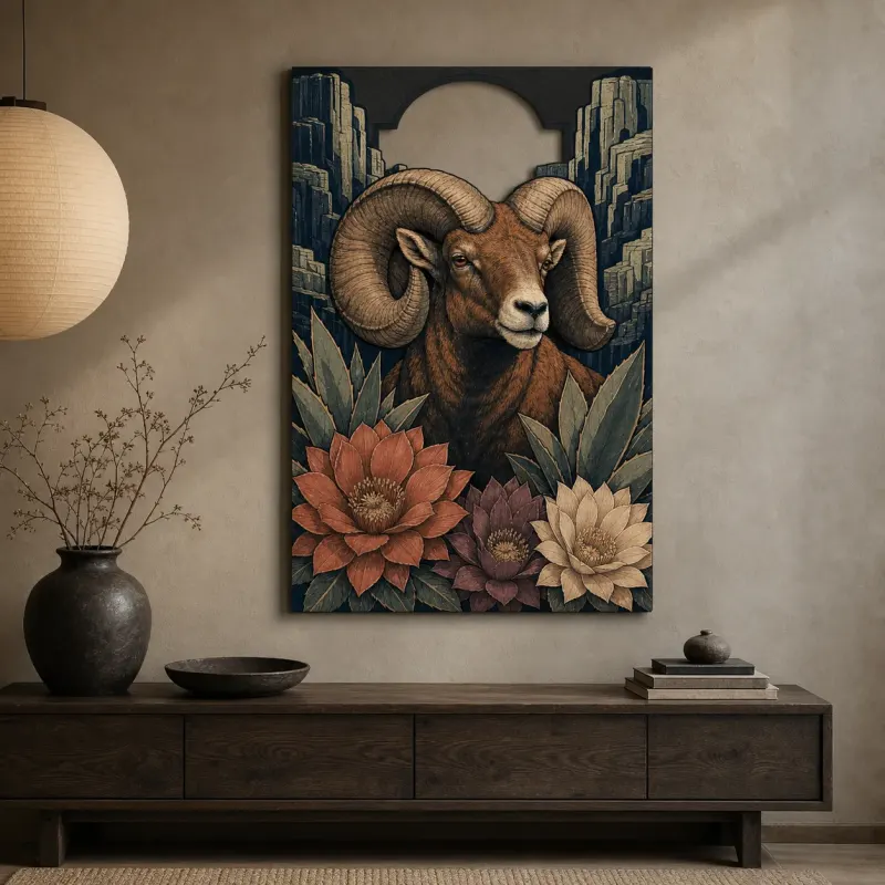 Bighorn Ram with Succulents and Mountain Cliffs Colorful Metal Wall Art