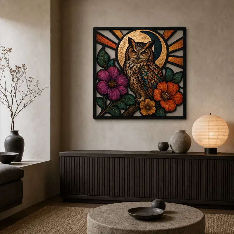 Great Horned Owl with Hibiscus and Radiant Moon Colorful Metal Wall Art