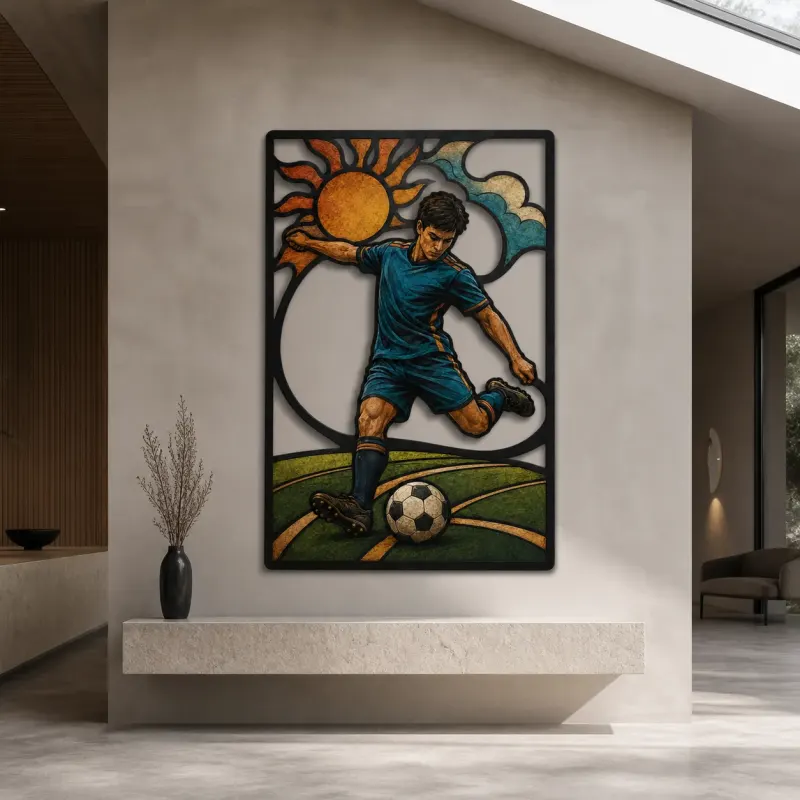 Soccer Player Kicking Ball beneath Radiant Sun Colorful Metal Wall Art