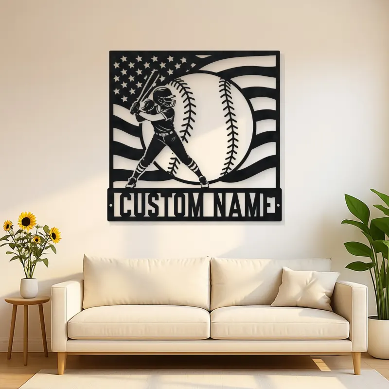 Personalized Softball Player and American Flag Metal Wall Art