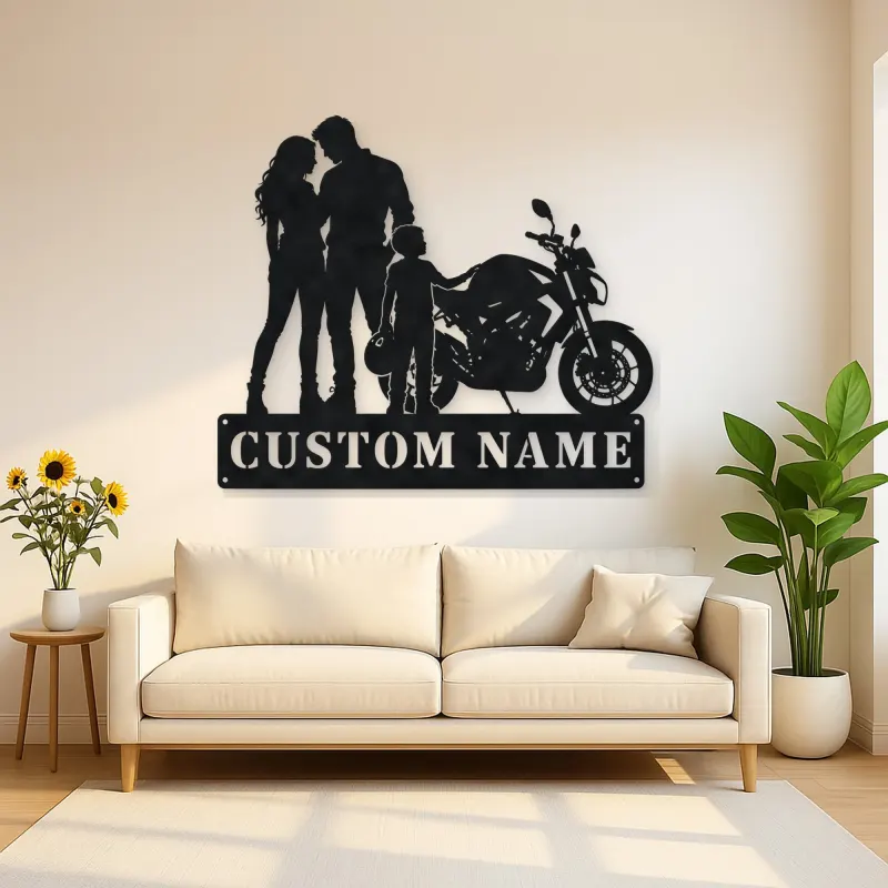 Personalized Motorcycle Family with Helmet Carrying Child Metal Wall Art
