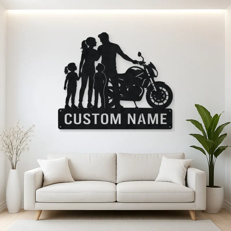 Personalized Modern Motorcycle Family of Four Metal Wall Art