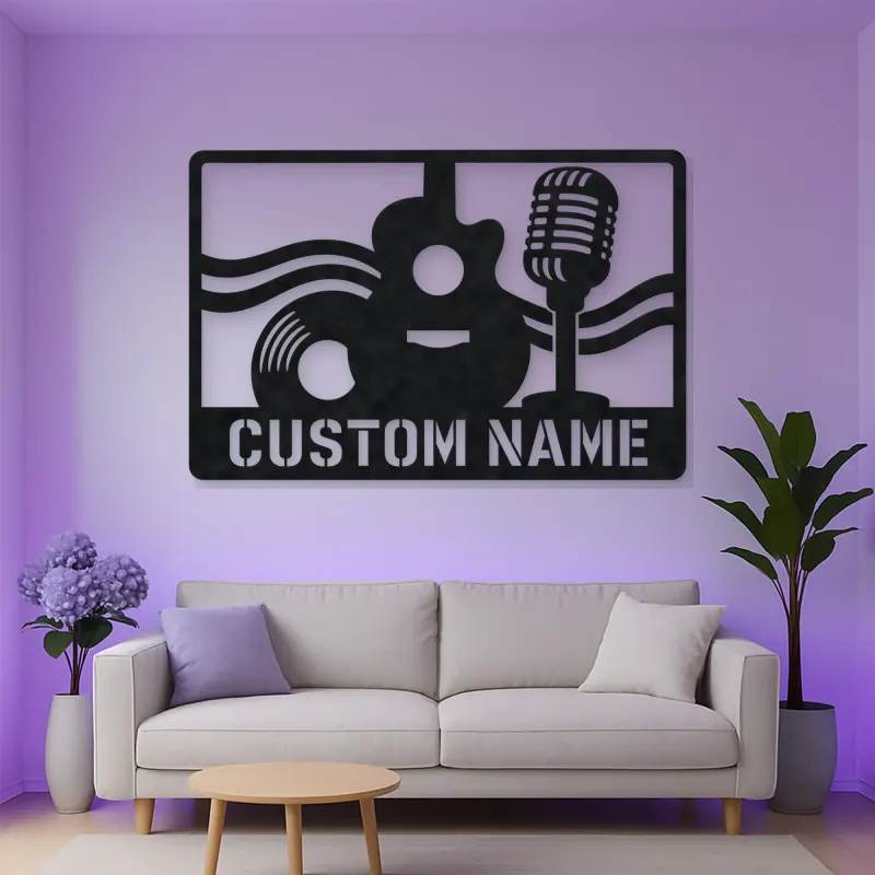 Personalized Vinyl Record Metal Wall Art with Vintage Microphone