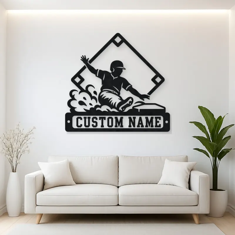 Personalized Baseball Player Sliding Home Metal Wall Art