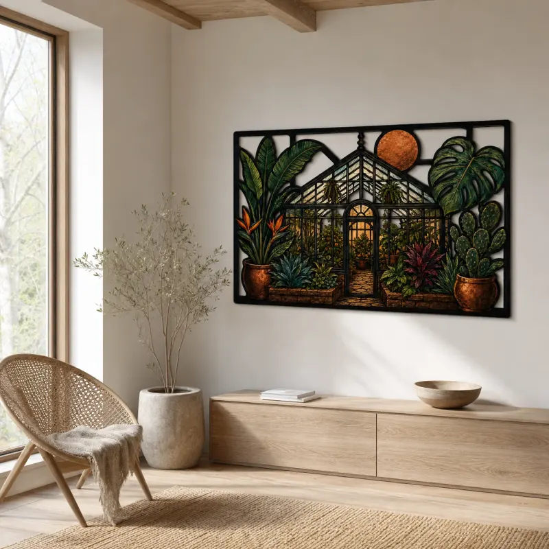 Tropical Greenhouse with Monstera and Bird of Paradise Colorful Metal Wall Art